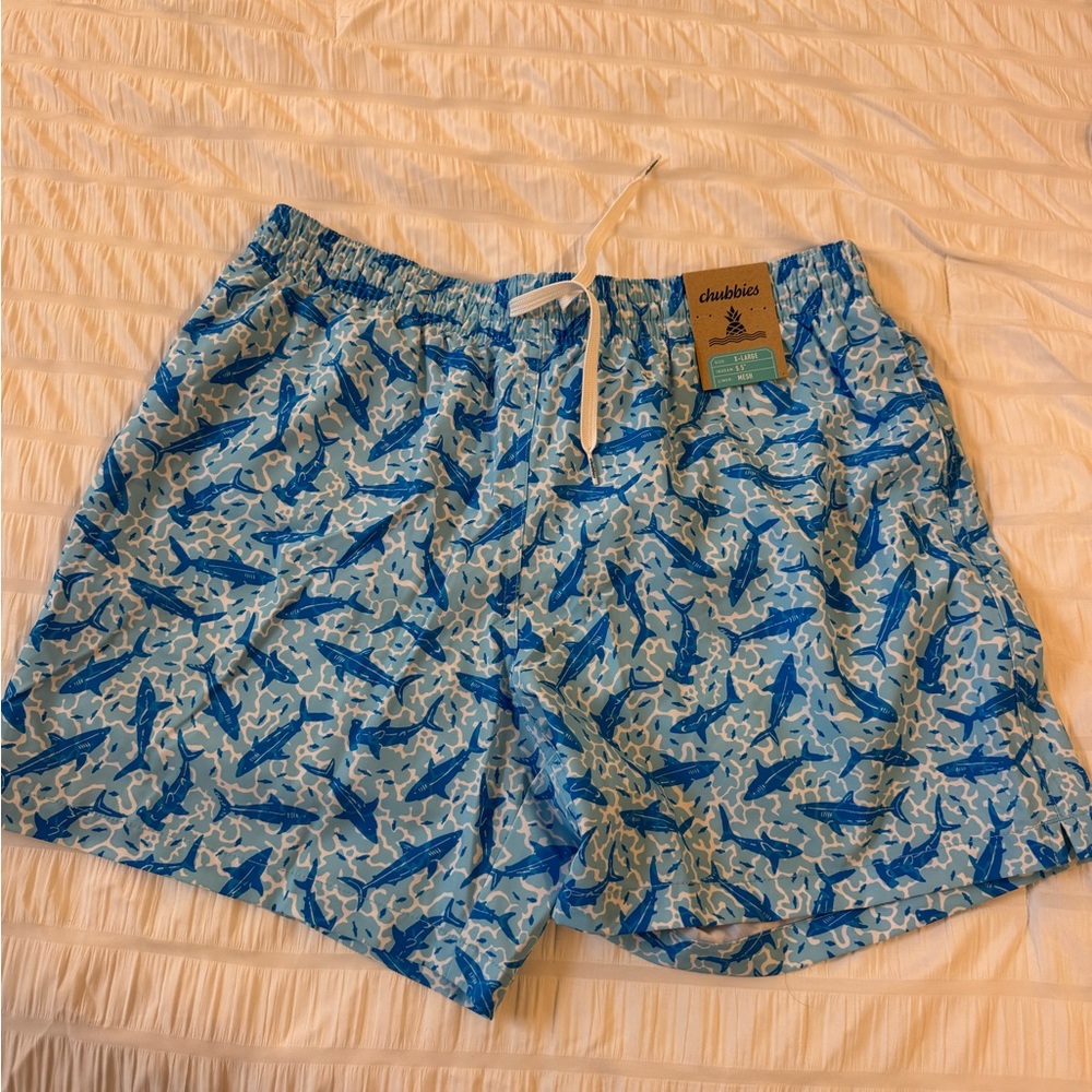 Chubbies Blue and White Shark Pattern Swim Trunks